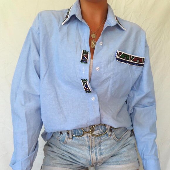 VIVA AFRIKA BLUE BEADED NATIVE AMERICAN BUTTON DOWN TOP WOMENS XL - Picture 2 of 8